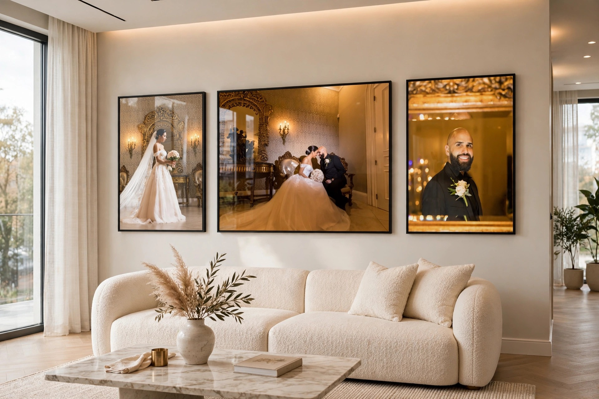 Three large acrylic wedding portraits displayed above a curved sofa in a refined modern living room
